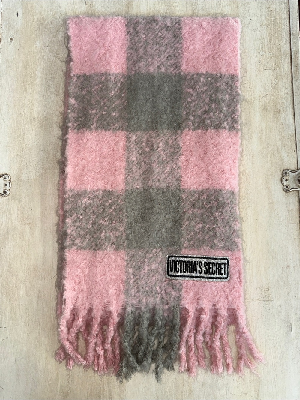 Victoria's Secret Pink & Gray Plaid Fringe Scarf super soft
